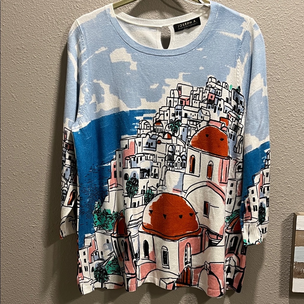 Joseph A Women's Long Sleeve Scenic Print Top - Blue, White, size large
